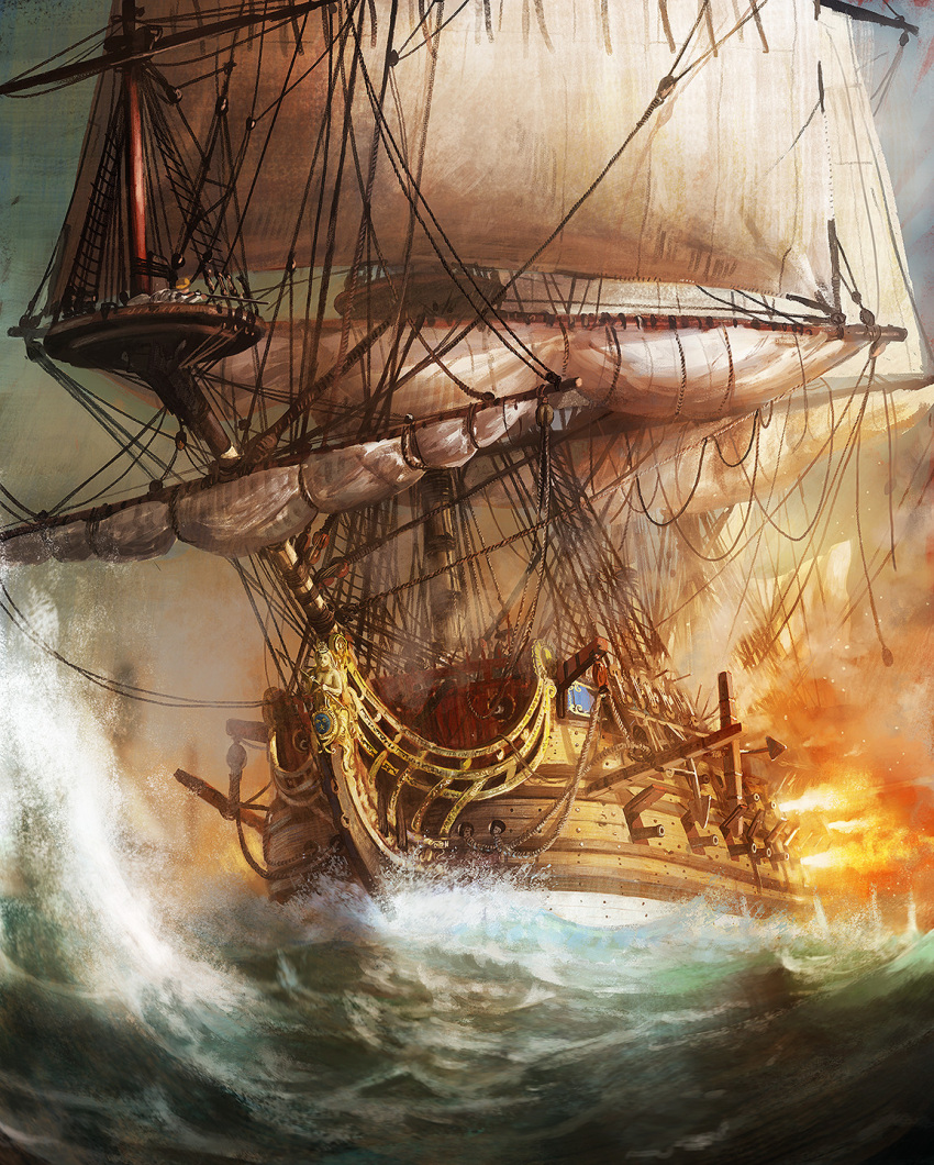 boat cannon edouard_groult english_commentary fire gun highres holding holding_gun holding_weapon ocean original people rifle sail ship_of_the_line smoke vehicle_focus watercraft waves weapon