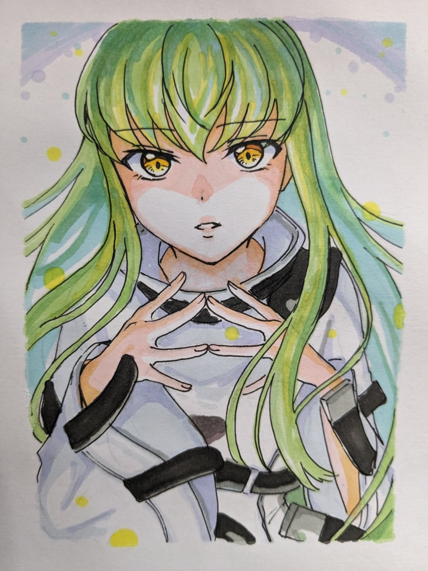 1girl c.c. code_geass facing_viewer green_hair highres long_hair own_hands_together painting_(medium) setu_kurokawa straitjacket traditional_media upper_body watercolor_(medium) yellow_eyes