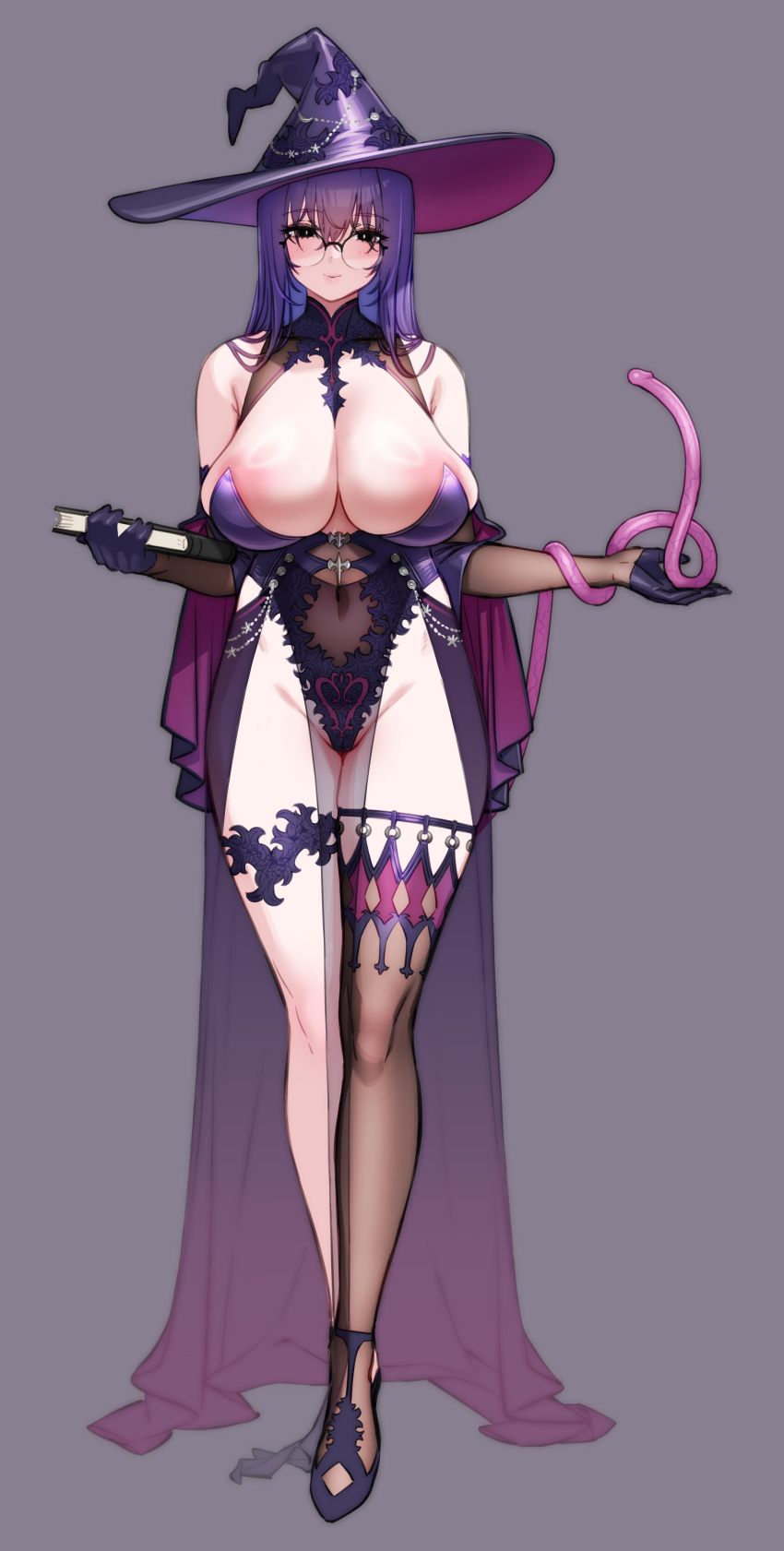 1girl absurdres black_eyes book breasts curvy glasses gloves hat highres holding holding_book huge_breasts large_breasts long_hair looking_at_viewer ogre_(illustogre) original purple_hair simple_background solo tentacles thick_thighs thighhighs thighs witch witch_hat