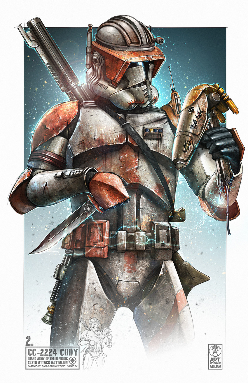 1boy b1_battle_droid clone_trooper commander_cody electricity gun highres holding holding_head holding_knife knife male-focus robot severed_head shanemolina solo star_wars star_wars:_revenge_of_the_sith weapon weapon_on_back wire