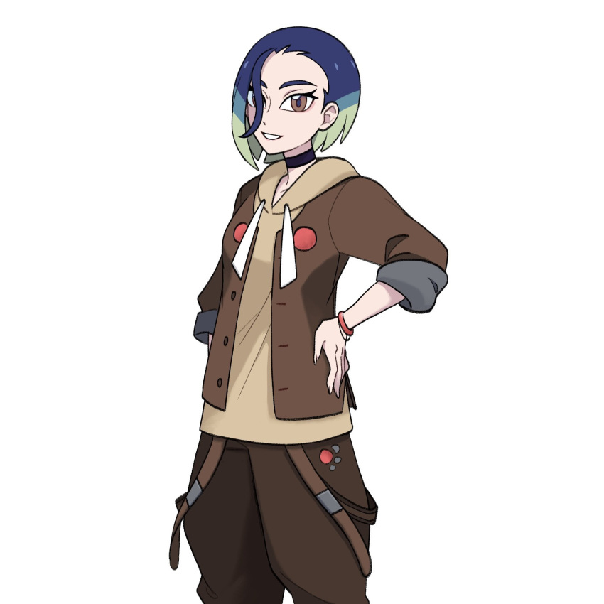 1girl adaman_(pokemon) adaman_(pokemon)_(cosplay) adaman_(special_costume)_(pokemon) blue_hair bracelet brown_eyes brown_jacket brown_pants commentary cosplay eyelashes grin hair_over_one_eye hand_on_own_hip highres hood hoodie jacket jewelry looking_at_viewer loose_hair_strand multicolored_hair open_clothes open_jacket pants perrin_(pokemon) pokemon pokemon_masters_ex pokemon_sv short_hair simple_background smile solo submashell tassel teeth white_background