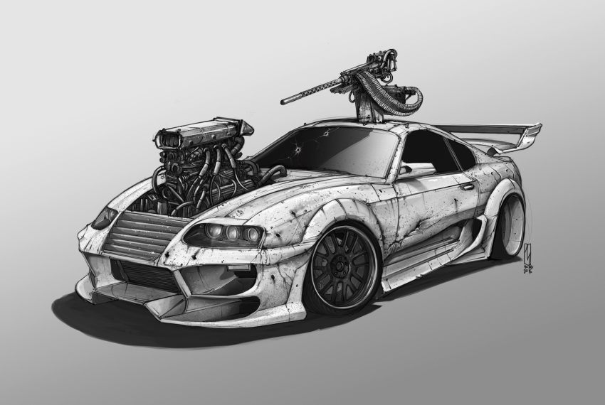 ammunition_belt car engine english_commentary greyscale highres monochrome motor_vehicle no_humans original shadow shanemolina spoiler_(automobile) sports_car toyota toyota_supra toyota_supra_mk_iv turret vehicle_focus