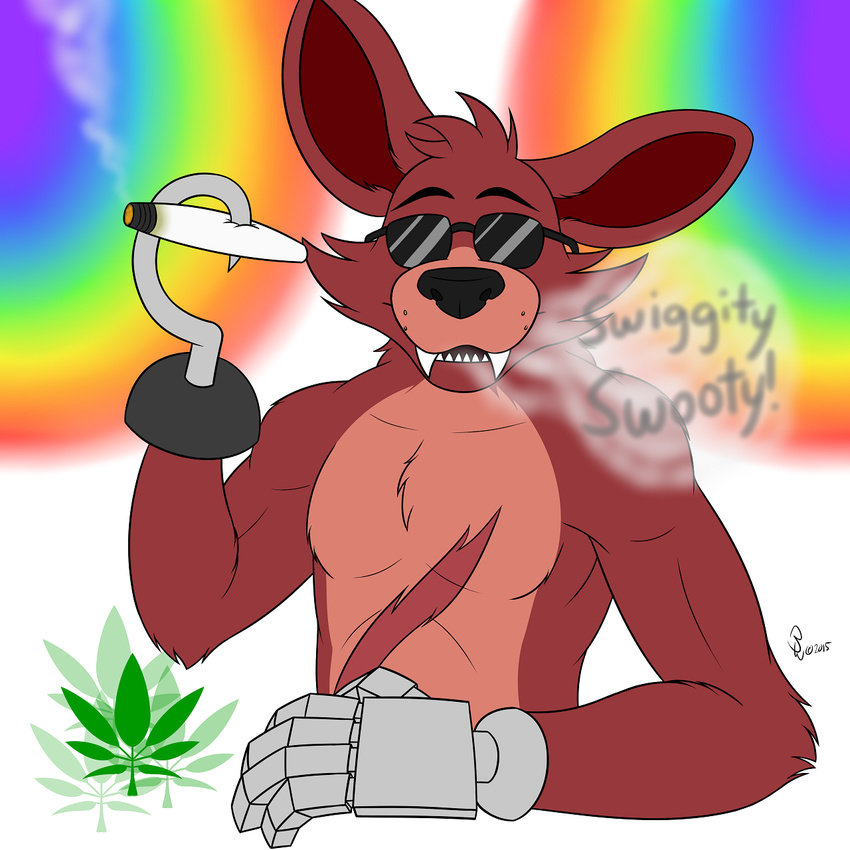 animatronic anthro bleuxwolf canine cigarette drugs english_text eyewear five_nights_at_freddy's fox foxy_(fnaf) hook machine male mammal marijuana pecs robot smoke sunglasses text video_games