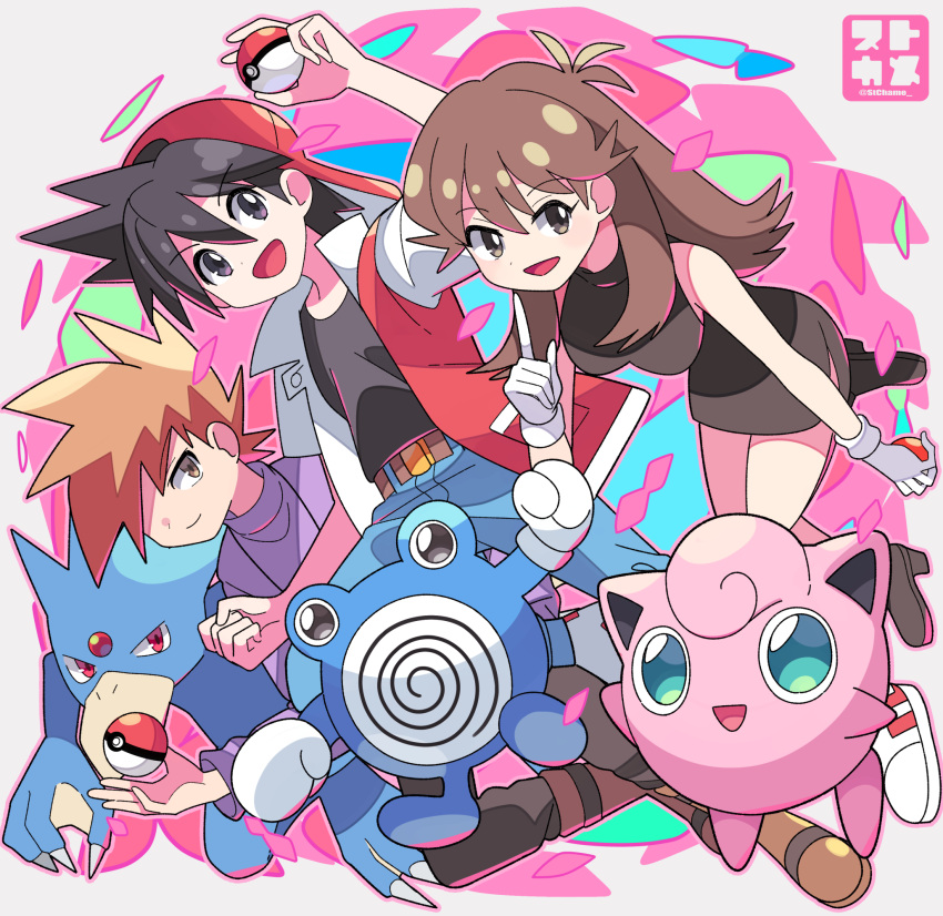 1girl 2boys :d backwards_hat baseball_cap belt blue_oak blue_pants breasts brown_belt brown_eyes brown_hair clenched_hand closed_mouth commentary_request dress gloves golduck green_(pokemon) hair_between_eyes hand_up hat highres holding holding_poke_ball index_finger_raised jacket jigglypuff long_hair multiple_boys open_clothes open_jacket open_mouth pants poke_ball poke_ball_(basic) pokemon pokemon_(creature) pokemon_adventures poliwhirl purple_shirt red_(pokemon) shirt sidelocks sleeveless sleeveless_dress smile spiked_hair sutokame white_gloves