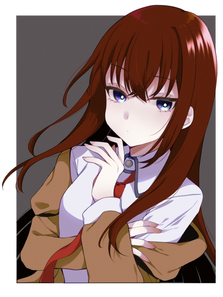 1girl blue_eyes border bright_pupils brown_jacket closed_mouth collared_shirt crossed_bangs hand_on_own_arm hand_up highres jacket long_hair makise_kurisu necktie open_clothes open_jacket outside_border red_hair red_necktie sakuma_(yr_0920) shirt sidelocks solo steins;gate upper_body white_border white_pupils white_shirt