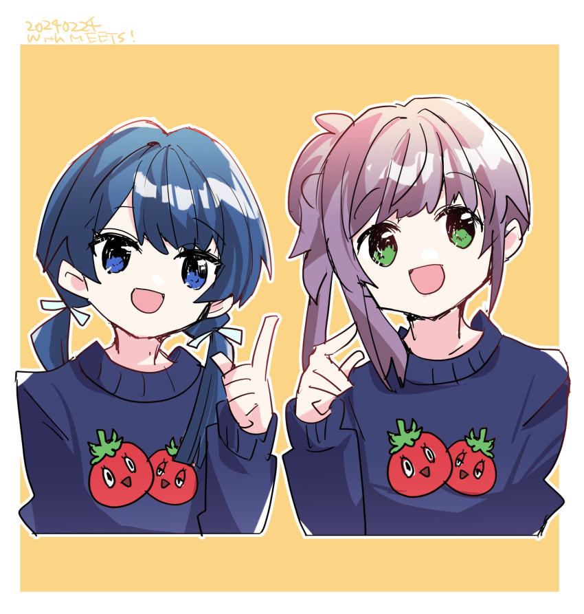 2girls :d blue_eyes blue_hair blue_ribbon blue_sweater dated green_eyes highres kanduki_kamibukuro link!_like!_love_live! long_hair long_sleeves looking_at_viewer love_live! low_twintails matching_outfits medium_hair multiple_girls murano_sayaka open_mouth orange_background otomune_kozue pointing pointing_at_self pointing_up purple_hair ribbon side_ponytail smile sweater tomato twintails upper_body vegetable_print