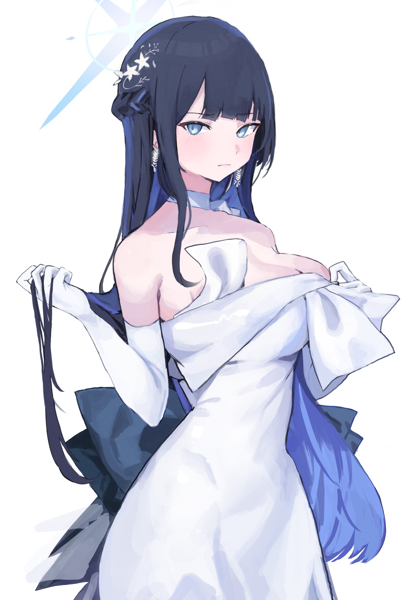 1girl absurdres black_hair blue_archive blue_eyes blue_hair blue_halo blush breasts choker cleavage closed_mouth colored_inner_hair dress earrings elbow_gloves ggab0621 gloves halo highres jewelry large_breasts long_hair looking_at_viewer multicolored_hair official_alternate_costume saori_(blue_archive) saori_(dress)_(blue_archive) simple_background solo strapless strapless_dress white_background white_choker white_dress white_gloves