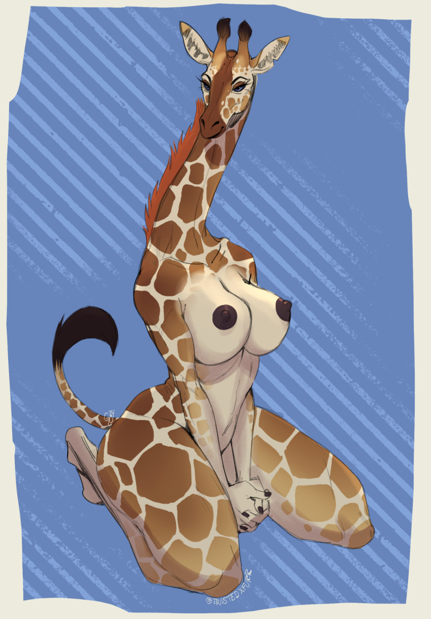 anthro big_breasts blue_eyes breasts brown_body brown_fur eyelashes female fur giraffe giraffid hi_res horn kneeling long_neck mammal nipples nude ossicone simple_background solo tail tail_tuft thick_thighs tuft twistedteeth