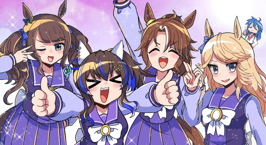 &gt;_&lt; 5girls :3 animal_ears blue_eyes blue_hair blush breasts daitaku_helios_(umamusume) gold_city_(umamusume) gyaru hair_ornament hairclip highres horse_ears horse_girl izumi_kanata looking_at_viewer lucky_star medium_breasts mejiro_palmer_(umamusume) mira_shamaliyy multiple_girls one_eye_closed open_mouth parody school_uniform simple_background thumbs_up tosen_jordan_(umamusume) tracen_school_uniform umamusume