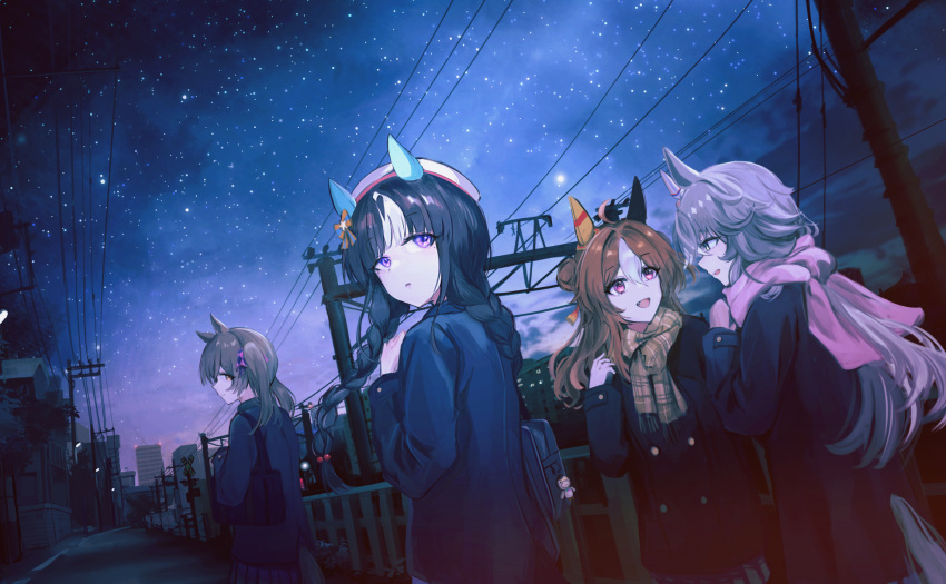 4girls ahoge animal_ears bag beret black_coat black_hair braid brown_hair building coat copano_rickey_(umamusume) ear_covers fence grey_hair hair_bun hat highres hokko_tarumae_(umamusume) horse_ears horse_girl horse_tail long_hair long_sleeves looking_at_another looking_at_viewer looking_back mittens multiple_girls night night_sky open_mouth outdoors parted_lips pink_eyes power_lines railroad_crossing scarf school_bag seikatsu short_hair shoulder_bag sideways_mouth skirt sky smart_falcon_(umamusume) star_(sky) tail twin_braids twintails umamusume utility_pole walking white_headwear wonder_acute_(umamusume)