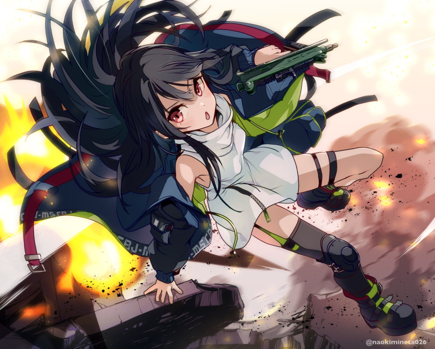 1girl :o black_footwear black_hair black_thighhighs blue_jacket boots c-ms_(girls'_frontline) cbj-ms debris dress embers fire floating_hair full_body girls'_frontline gun highres holding holding_gun holding_weapon jacket knee_pads long_hair mineta_naoki off_shoulder open_clothes open_jacket open_mouth red_eyes rubble single_knee_pad single_thighhigh solo submachine_gun thigh_strap thighhighs trigger_discipline twitter_username weapon white_dress