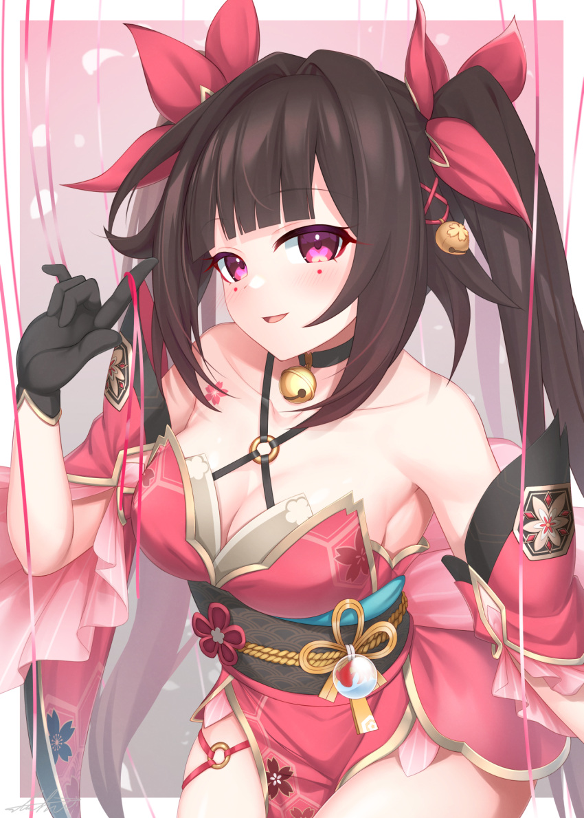 1girl :d arm_at_side bananatsukis bell black_choker black_gloves blush border bow breasts brown_hair choker cleavage cowboy_shot dress gloves gradient_hair hair_bow hand_up highres honkai:_star_rail honkai_(series) large_breasts legs_together long_bangs looking_at_viewer multicolored_hair neck_bell o-ring open_mouth outside_border pelvic_curtain pink_eyes red_bow red_dress red_hair short_dress sidelocks sleeveless sleeveless_dress smile solo sparkle_(honkai:_star_rail) thick_thighs thighs twintails white_border