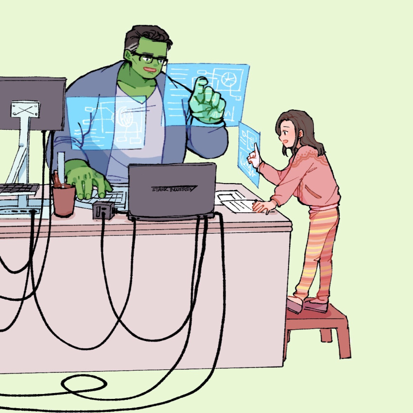 1boy 1girl animification avengers:_endgame avengers_(series) black-framed_eyewear black_eyes black_hair blue_robe blush brown_eyes brown_hair cable chair child chinese_commentary colored_skin computer fingernails glasses green_background green_skin grey_shirt hand_up highres holographic_monitor hulk index_finger_raised jacket jar keyboard_(computer) long_hair long_sleeves looking_at_another looking_at_object marvel marvel_cinematic_universe morgan_stark open_clothes open_jacket open_mouth open_robe orange_pants pants paper pink_jacket puffy_long_sleeves puffy_sleeves purple_footwear robe shirt shoes sidelocks simple_background smile standing striped_clothes striped_pants t-shirt table wodeyongheng