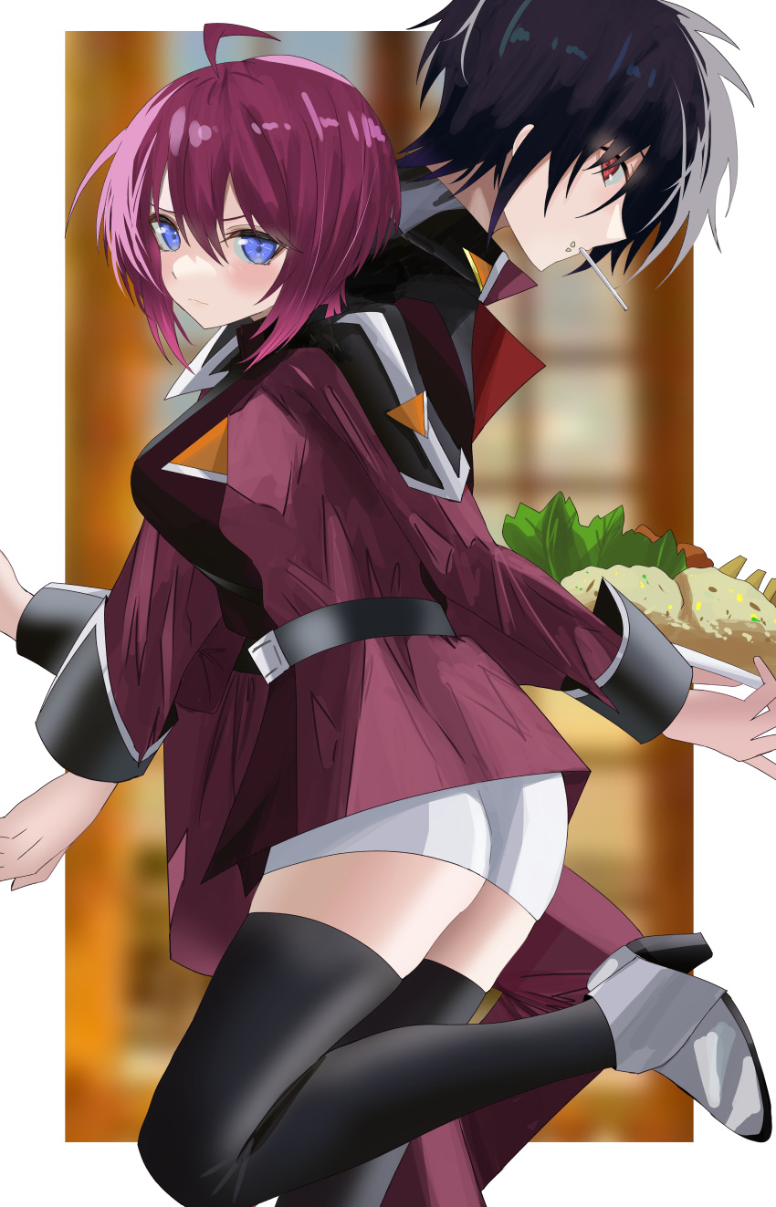 1boy 1girl absurdres ahoge black_hair black_thighhighs blue_eyes gundam gundam_seed hair_between_eyes high_heels highres jacket kirameki_(rikukaikuu) leg_up long_sleeves looking_at_viewer lunamaria_hawke military_uniform purple_hair purple_jacket red_eyes shinn_asuka short_hair thighhighs uniform white_footwear zaft_uniform