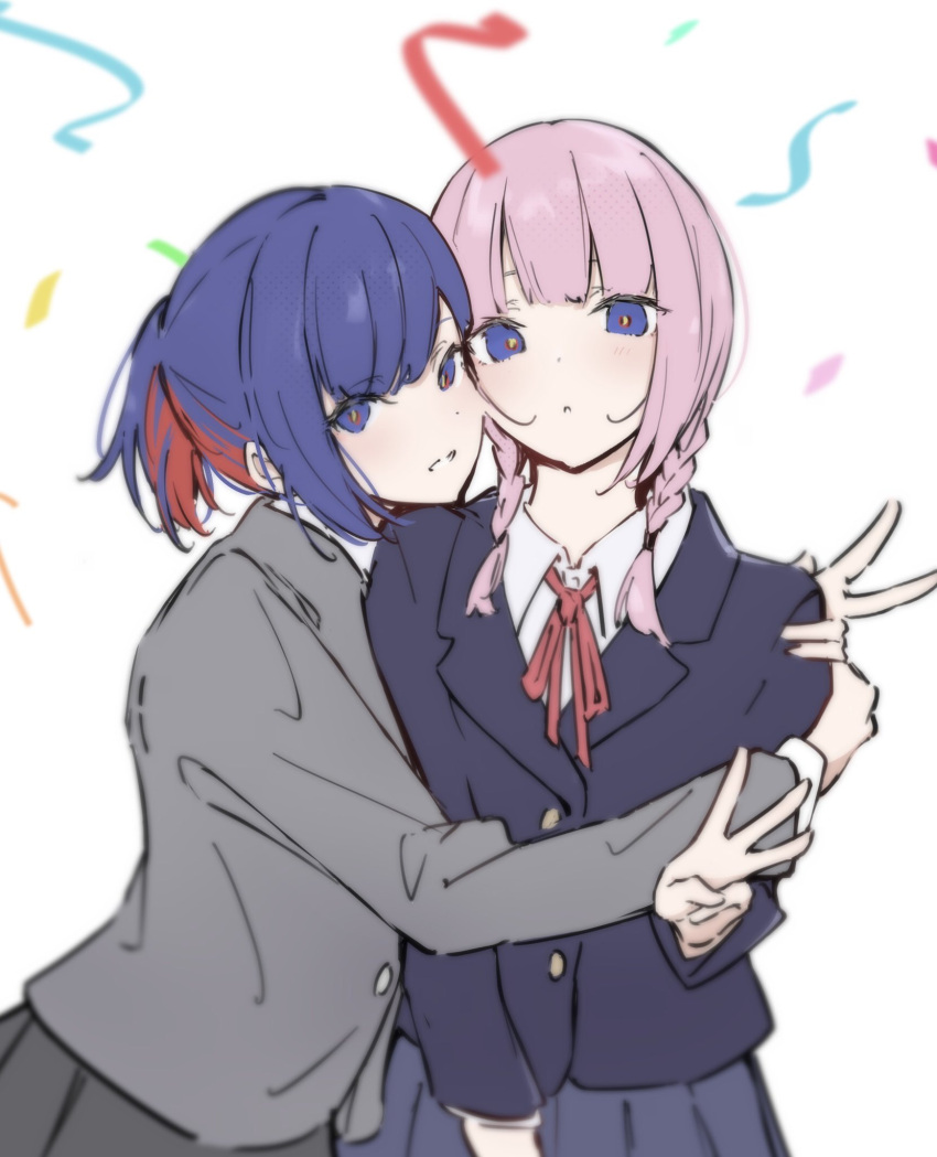 2girls atenaba black_jacket blue_eyes blue_hair blue_skirt braid collared_shirt commentary confetti grey_jacket hashtag_only_commentary highres hug jacket kaf_(kamitsubaki_studio) kamitsubaki_studio long_sleeves looking_at_viewer multicolored_hair multiple_girls neck_ribbon parted_lips pink_hair pleated_skirt ponytail red_hair red_ribbon ribbon rim_(kamitsubaki_studio) school_uniform shirt simple_background skirt smile streaked_hair twin_braids upper_body v w white_background white_shirt yellow_pupils