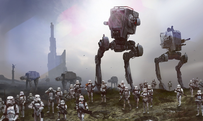 6+others armor at-at at-st binoculars bipod blurry depth_of_field edouard_groult galactic_empire helmet holding holding_binoculars holding_weapon landscape mecha military_vehicle multiple_others photoshop_(medium) rain robot science_fiction star_wars weapon white_armor