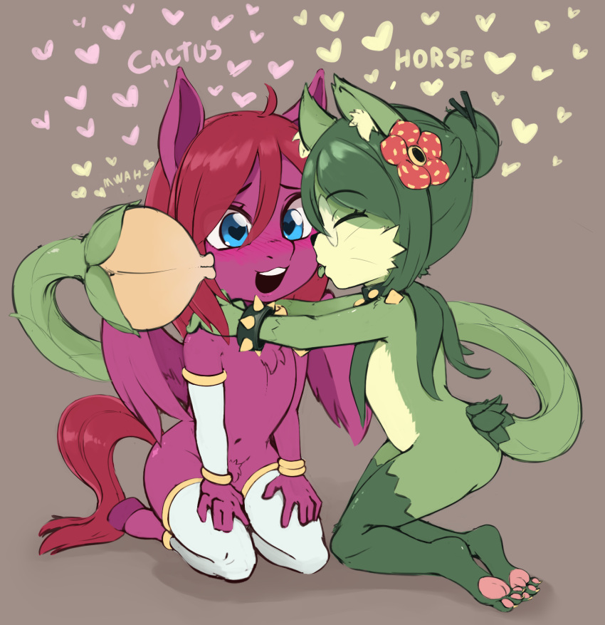 accessory alice_yagami ambiguous_gender anthro cactus cactus_cat chibi domestic_cat duo elemental_creature equid equine eyewear felid feline felis flora_fauna flower flower_in_hair glasses green_body green_hair hair hair_accessory hasbro heart_symbol hi_res horse horse_tail kissing licking love male male/male mammal my_little_pony mythological_creature mythological_equine mythology paws pegasus plant red_body red_hair romantic romantic_couple seraphic_crimson tagme tail tongue tongue_out unusual_anatomy unusual_tail wings