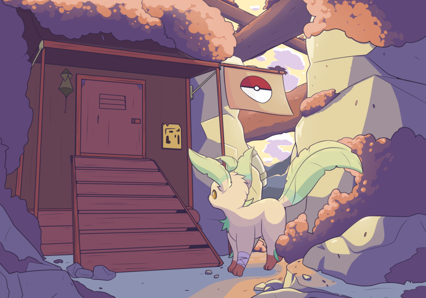 absurd_res building digital_drawing_(artwork) digital_media_(artwork) digital_painting_(artwork) eeveelution feral generation_4_pokemon hi_res house interspecies leaf leafeon nintendo plant pokemon pokemon_(species) pokephilia shrub sign sirikakire sky stare tree