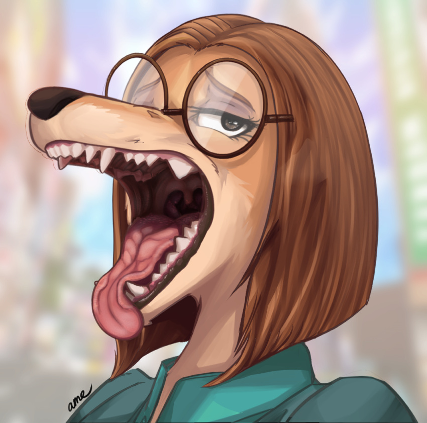 2023 amedamawanko anthro brown_hair canid canine canis domestic_dog eyewear fangs female gaping_mouth glasses hair hunting_dog illumination_entertainment mammal mouth_shot open_mouth saluki sharp_teeth sighthound sing_(movie) solo suki_lane teeth tongue tongue_out uvula