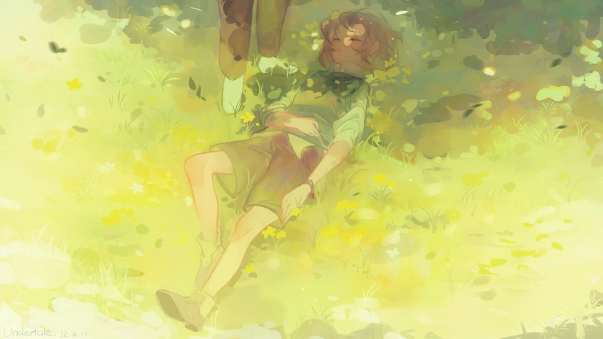 1other androgynous asriel_dreemurr bracelet brown_footwear brown_hair brown_shorts chara_(undertale) child closed_eyes copyright_name dated dutch_angle from_above full_body grass green_sweater hand_on_own_stomach highres jewelry lazy_kun long_sleeves lying on_back on_grass other_focus out_of_frame outdoors short_hair shorts solo_focus standing sweater undertale