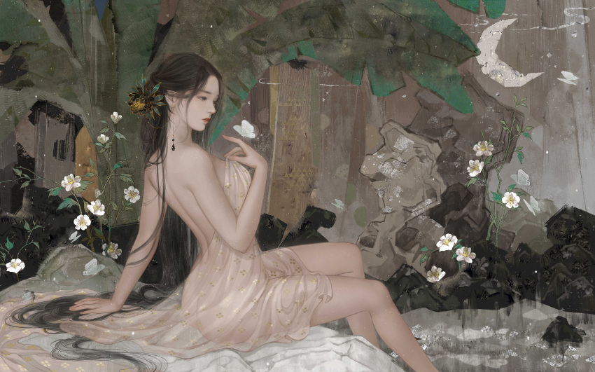 1girl absurdres against_the_gods backless_outfit bare_arms bare_shoulders black_hair bug butterfly earrings flower from_side hair_flower hair_ornament half_moon highres holding jewelry long_hair moon official_art palm_tree qianye_ying'er_(against_the_gods) sitting solo tree white_flower