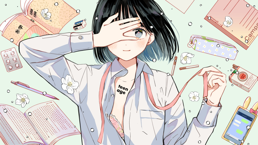 1girl bag_charm black_eyes black_hair blister_pack blush bob_cut body_writing book bow bra bra_peek brand_name_imitation cellphone charm_(object) cigarette cigarette_pack circle covering_one_eye english_text eraser flower green_background highres holding holding_ribbon light_smile line_(naver) long_sleeves looking_at_viewer lucky_strike mechanical_pencil one_eye_covered open_book open_clothes open_shirt original partially_unbuttoned pencil pencil_case phone phone_with_ears pink_bra pink_nails pink_ribbon red_bow ribbon ryuushi shade shirt smartphone solo underwear upper_body vocaloid white_flower white_shirt