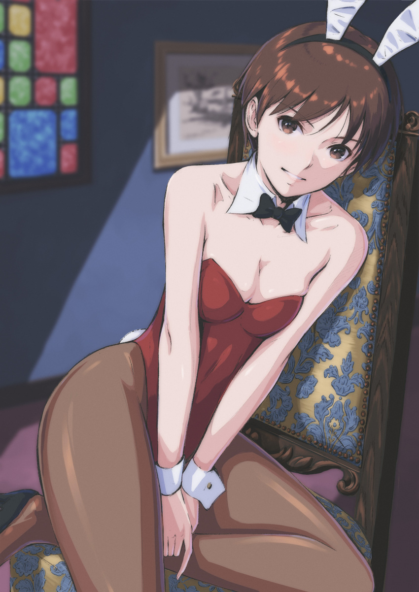 1girl absurdres animal_ears bare_shoulders breasts brown_eyes brown_hair chair cleavage collarbone commentary detached_collar fake_animal_ears fake_tail hair_ornament highleg highleg_leotard highres indoors kasugano_sakura leotard light_smile lips looking_at_viewer pantyhose parted_lips playboy_bunny rabbit_ears rabbit_tail red_leotard shiny_clothes short_hair sitting small_breasts solo strapless strapless_leotard street_fighter street_fighter_zero_(series) tail tyanoki wrist_cuffs