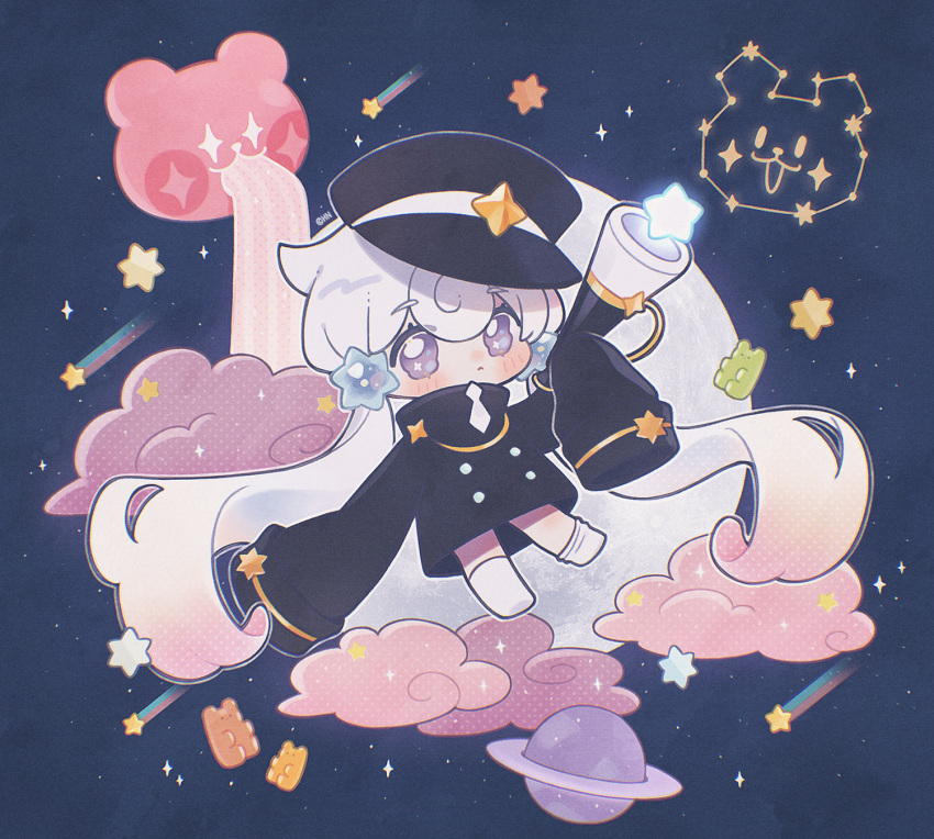 1girl asymmetrical_legwear black_headwear black_shirt buttons closed_mouth cloud cookie_run double-breasted film_grain full_moon gradient_hair gummy_bear hair_between_eyes highres hn_(artist) holding holding_telescope long_hair long_sleeves looking_at_viewer low_twintails milky_way_cookie moon multicolored_hair necktie no_shoes oversized_clothes oversized_shirt pink_clouds pink_hair planet purple_eyes shirt shooting_star sleeves_past_fingers sleeves_past_wrists socks solo star_(sky) star_(symbol) telescope turtleneck twintails uneven_legwear white_hair white_necktie white_socks yellow_trim