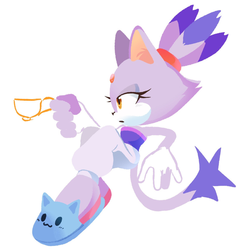 1girl animal_ears bad_id bad_twitter_id blaze_the_cat cat_ears cat_girl cat_slippers cat_tail cup forehead_jewel from_side furry furry_female highres holding holding_cup pants ponytail simple_background slippers sonic_(series) stellarspin tail teacup white_background white_pants yellow_eyes