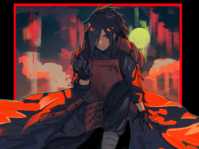 1boy aqua_outline armor bandaged_leg bandages black_border black_gloves black_hair black_robe border chinese_commentary closed_mouth eyes_visible_through_hair gloves hair_over_one_eye hand_up highres japanese_armor kneeling long_hair long_sleeves looking_at_viewer male_focus moon naruto naruto_(series) red_border red_eyes red_theme robe shoulder_armor sidelocks sitting solo uchiha_madara ylan_tu