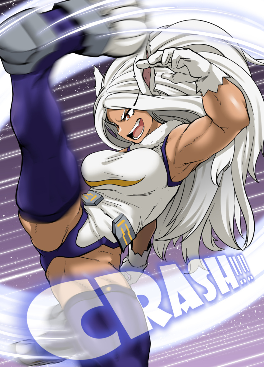 1girl animal_ears armpits bare_shoulders boku_no_hero_academia breasts covered_navel crescent_print dark-skinned_female dark_skin english_text flying_kick fur_collar gloves highleg highleg_leotard highres k_kazuhiro44 kicking large_breasts leotard long_eyelashes long_hair midair mirko motion_blur motion_lines open_mouth parted_bangs purple_thighhighs rabbit_ears rabbit_girl red_eyes sleeveless_turtleneck_leotard solo sound_effects spread_legs taut_leotard thick_thighs thighhighs thighs toned twisted_torso very_long_hair white_gloves white_hair white_leotard