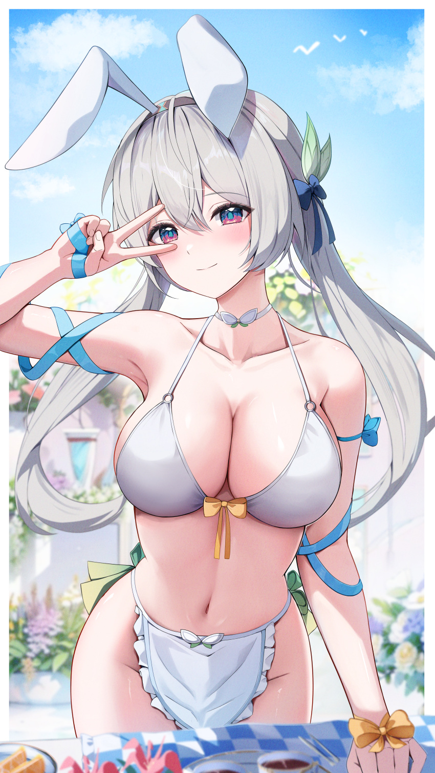 1girl absurdres animal_ears apron arm_ribbon bikini blue_bow blue_ribbon blush bow bra breasts choker cleavage commentary_request fake_animal_ears firefly_(honkai:_star_rail) grey_hair groin hair_bow hair_ornament hand_up highres honkai:_star_rail honkai_(series) large_breasts long_hair looking_at_viewer low_twintails navel purple_eyes rabbit_ears ribbon smile solo standing stomach swimsuit twintails underwear v_over_eye very_long_hair white_apron white_bra white_choker yeni1871