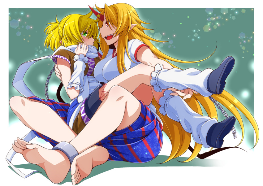 2girls arm_warmers barefoot black_footwear black_skirt blonde_hair blue_skirt blush breasts brown_shirt chain commentary_request eichi_yuu full_body green_eyes half_updo horns hoshiguma_yuugi large_breasts long_hair looking_at_another mizuhashi_parsee multiple_girls open_mouth pointy_ears red_eyes red_horns red_skirt sash scarf shirt shoes short_hair short_sleeves single_horn sitting sitting_on_lap sitting_on_person skirt smile socks soles star_(symbol) striped_clothes striped_skirt t-shirt toes touhou very_long_hair white_sash white_scarf white_shirt white_socks yuri