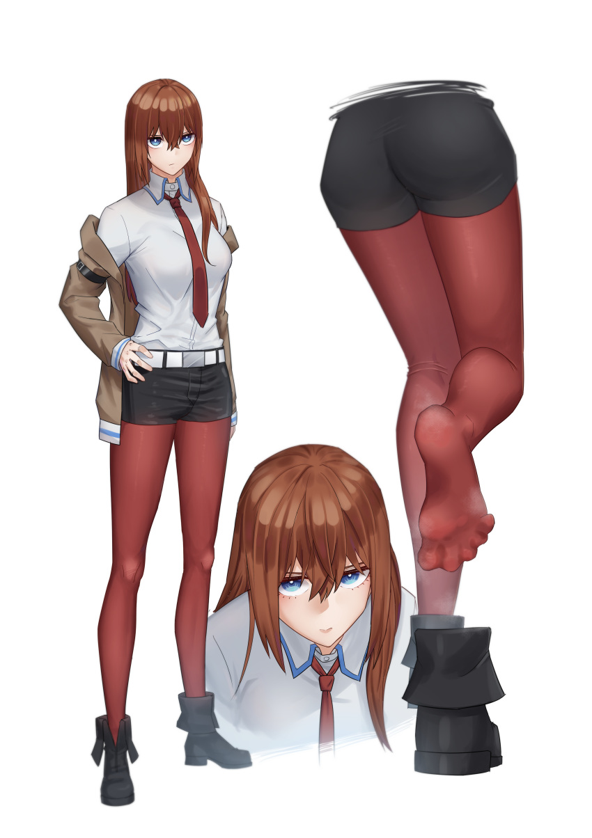 1girl absurdres ass belt black_footwear black_shorts blue_eyes boots breasts bright_pupils brown_jacket collared_shirt daguofan feet full_body hair_between_eyes hand_on_own_hip highres jacket large_breasts legs long_hair long_sleeves looking_at_viewer makise_kurisu multiple_views necktie pantyhose red_hair red_necktie red_pantyhose shirt shoes short_shorts shorts sidelocks simple_background soles standing steaming_body steins;gate thighs toes unworn_boots unworn_shoes white_background white_belt white_pupils white_shirt