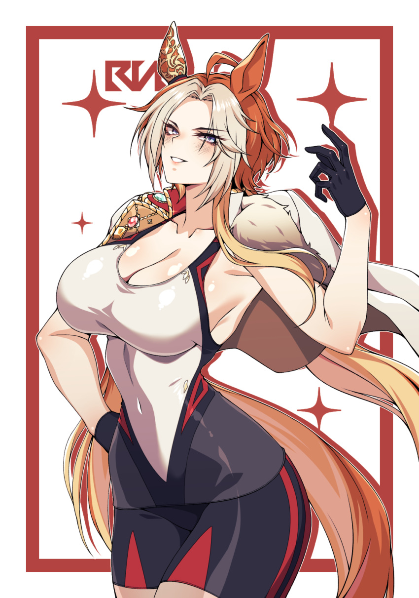 1girl ahoge alternate_costume animal_ears bare_shoulders black_one-piece_swimsuit blue_eyes blush border breasts brown_hair cero_rains cleavage commentary_request cowboy_shot ear_covers gloves grin hand_on_own_hip highres horse_ears horse_girl horse_tail jacket jacket_on_shoulders large_breasts long_hair long_sleeves multicolored_hair one-piece_swimsuit orfevre_(umamusume) red_border simple_background single_ear_cover smile solo streaked_hair swimsuit tail two-tone_one-piece_swimsuit umamusume very_long_hair white_background white_hair white_jacket white_one-piece_swimsuit