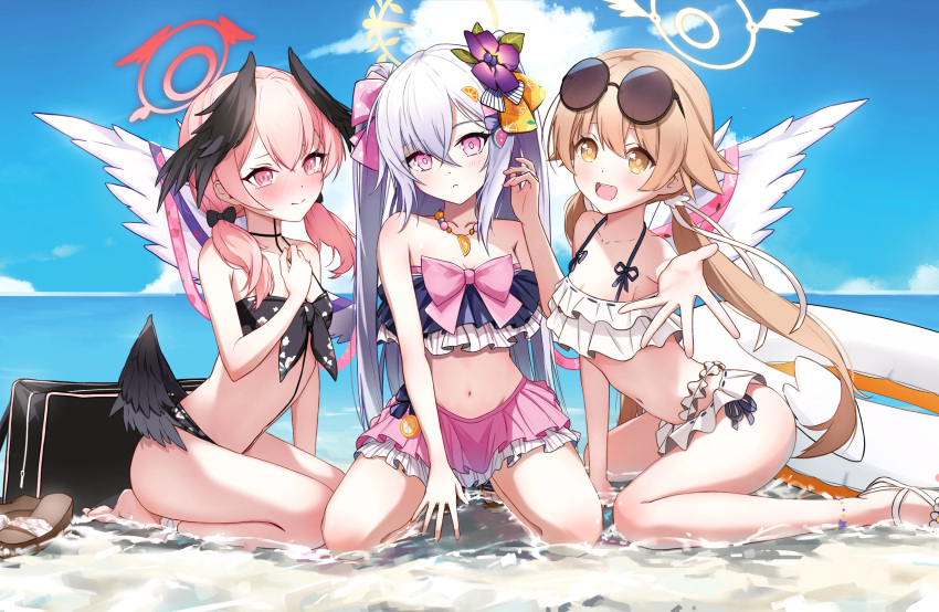 3girls angel_wings azusa_(blue_archive) azusa_(swimsuit)_(blue_archive) barefoot beach bikini black_bag black_bikini black_bow black_wings blue_archive blush bow breasts closed_mouth cropped embarrassed expressionless flat_chest floral_print flower frilled_bikini frills front-tie_bikini_top front-tie_top hair_between_eyes hair_bow hair_flaps hair_flower hair_ornament hair_over_shoulder halo hand_up head_wings hifumi_(blue_archive) hifumi_(swimsuit)_(blue_archive) highres innertube jewelry kneeling koharu_(blue_archive) koharu_(swimsuit)_(blue_archive) light_brown_hair long_hair looking_at_viewer low_twintails low_wings multiple_girls navel necklace nzdwarf official_alternate_costume open_mouth outdoors outstretched_arm peroro_(blue_archive) pink_eyes pink_hair pink_halo print_bikini ribbon ribbon-trimmed_bikini sandals sitting small_breasts smile spaghetti_strap strapless strapless_bikini sunglasses swim_ring swimsuit twintails unworn_sandals wariza white_bikini white_footwear white_hair white_wings wings yellow_eyes yellow_halo