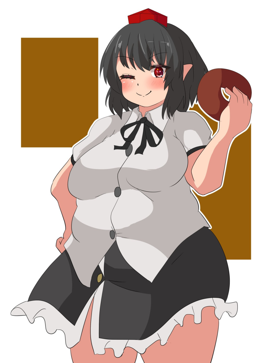 1girl alternate_body_size black_hair blush breasts brown_background buttons commentary_request cowboy_shot hair_between_eyes hat highres holding large_breasts looking_at_viewer medium_hair nerizou one_eye_closed pointy_ears red_eyes shameimaru_aya short_sleeves solo split_mouth thick_thighs thighs tokin_hat touhou white_background wing_collar