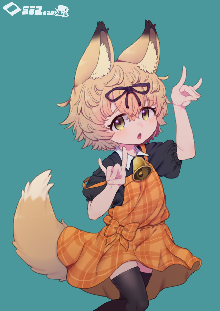 1girl absurdres animal_ear_fluff animal_ears arms_up bell black_bow blonde_hair borrowed_character bow brown_eyes collared_shirt commission cowboy_shot double_fox_shadow_puppet dress fox_ears fox_girl fox_shadow_puppet fox_tail green_background hair_between_eyes hair_bow highres komori-san looking_at_viewer neck_bell off-shoulder_dress off_shoulder original plaid plaid_dress puffy_sleeves rosia_san shirt short_hair signature skeb_commission solo standing tail tail_through_clothes thighhighs zettai_ryouiki