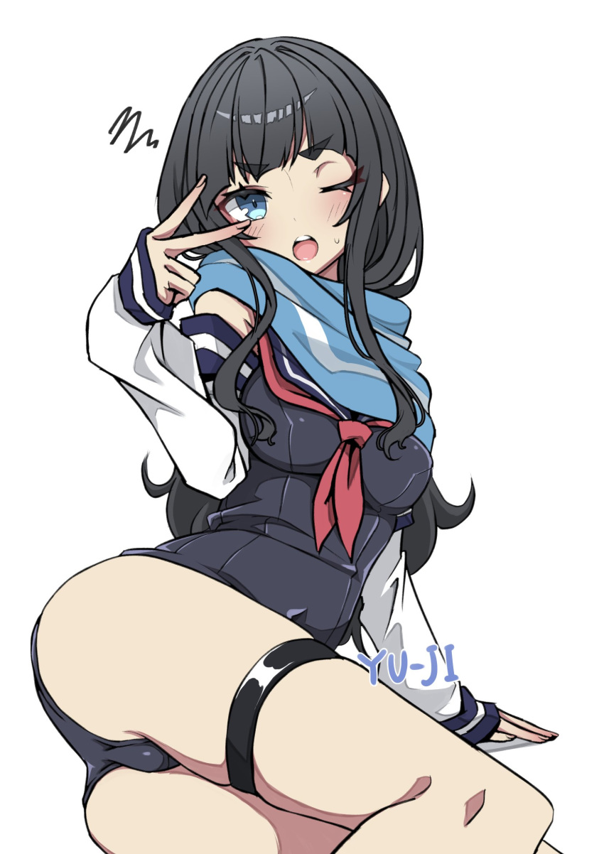 1girl arm_support ass black_hair black_one-piece_swimsuit blue_eyes blue_scarf blush breasts commentary_request detached_sleeves hand_up highres long_hair long_sleeves looking_at_viewer medium_breasts neckerchief nobara_(kaidan2012) one-piece_swimsuit one_eye_closed open_mouth original puffy_long_sleeves puffy_sleeves red_neckerchief scarf shadow signature simple_background skindentation solo squiggle sweat swimsuit thick_eyebrows thigh_strap v_over_eye very_long_hair white_background white_sleeves