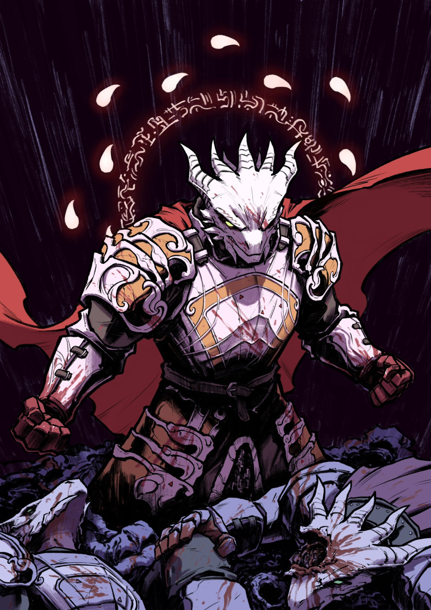 after_battle armor baldur's_gate baldur's_gate_3 battle black_background blood blood_on_armor blood_on_face blood_on_gloves blood_on_hands clenched_hand dark_urge_(baldur's_gate_3) dragonborn dungeons_and_dragons gauntlets highres meatconsumer137 pauldrons pile_of_corpses plate_armor shoulder_armor standing white_scales yellow_eyes