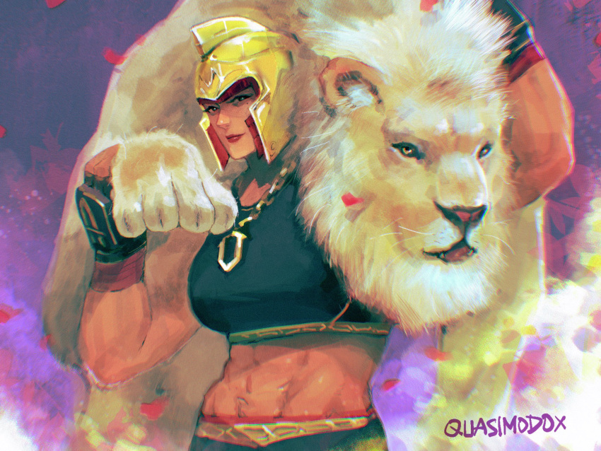 1girl abs animal_on_shoulder biceps black_sports_bra chain chain_necklace claws falling_petals fingerless_gloves gloves gold_chain helmet highres jewelry lion looking_at_viewer marisa_(street_fighter) muscular muscular_female necklace petals quasimodox red_hair smile sports_bra street_fighter street_fighter_6