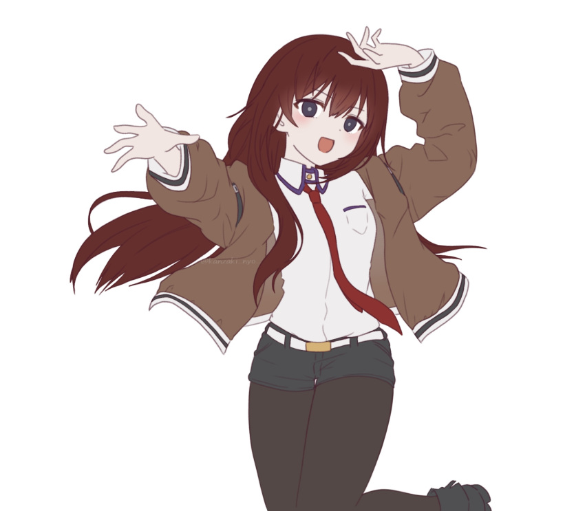 1girl :d arm_up belt black_eyes black_pantyhose black_shorts breast_pocket breasts bright_pupils brown_jacket collared_shirt dot_nose highres jacket kanzaki_nyo long_hair long_sleeves makise_kurisu necktie open_clothes open_hand open_jacket open_mouth pantyhose pocket reaching reaching_towards_viewer red_hair red_necktie shirt short_shorts shorts sidelocks simple_background small_breasts smile solo steins;gate white_background white_belt white_pupils white_shirt