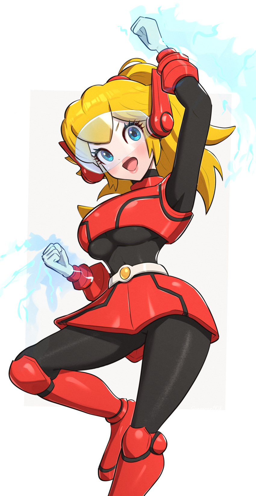 1girl absurdres armor black_bodysuit blonde_hair blue_eyes bodysuit boots clenched_hands gloves gonzarez highres looking_at_viewer magic mario_(series) mighty_peach official_alternate_costume open_mouth ponytail princess_peach princess_peach:_showtime! red_armor red_footwear solo visor_(armor) white_gloves