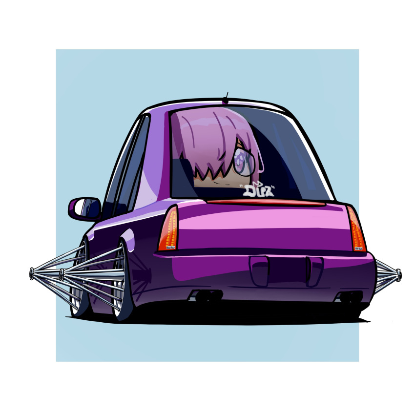 1girl absurdres blue_background border cadillac cadillac_cts car driving duz english_commentary fate_(series) from_behind glasses highres looking_at_viewer looking_back lowrider mash_kyrielight motor_vehicle one_eye_covered outside_border purple_eyes purple_hair smile solo vehicle_focus white_border