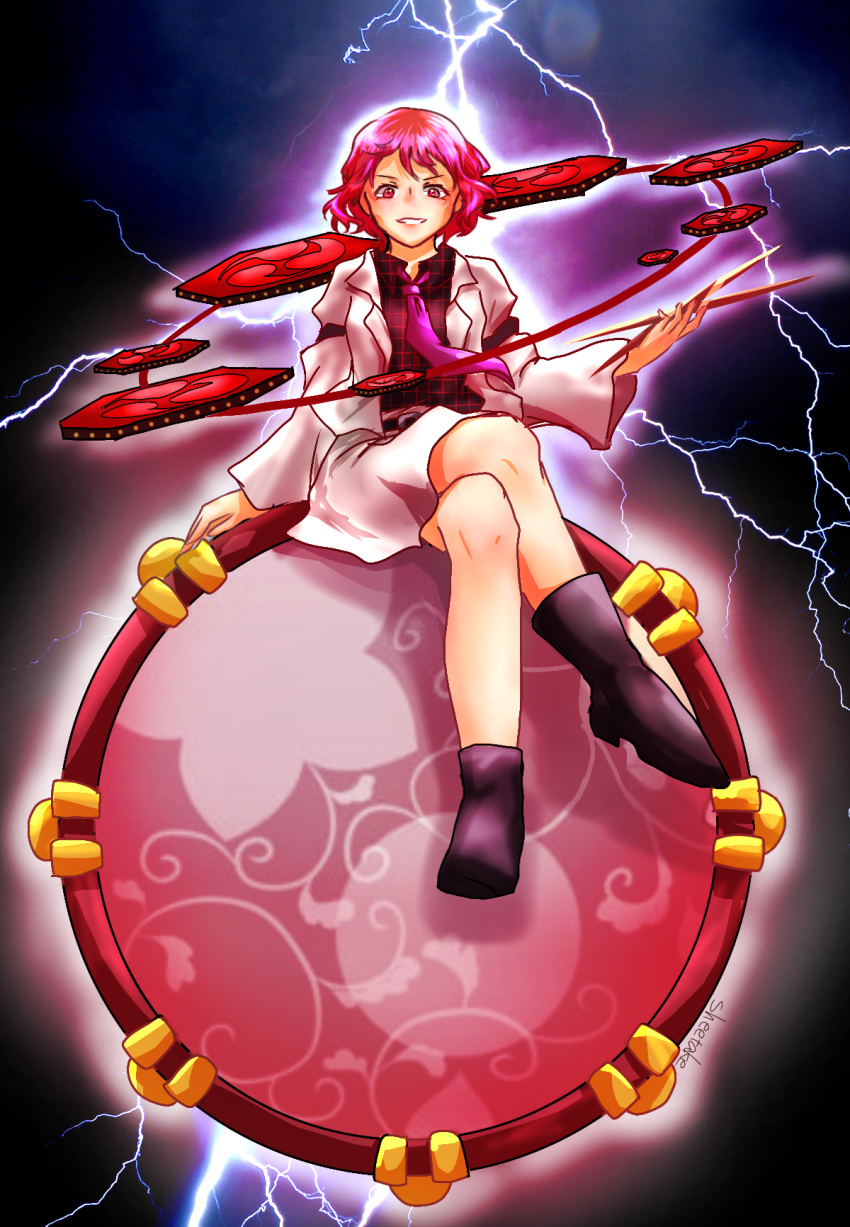 drum drumsticks highres horikawa_raiko instrument necktie purple_necktie red_eyes red_hair shee_take sitting_on_drum taiko_drum thunder touhou