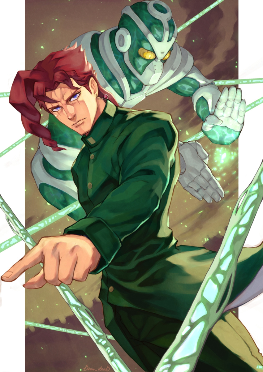 1boy blue_eyes closed_mouth coat commentary_request earrings green_coat green_pants hierophant_green highres jewelry jojo_no_kimyou_na_bouken kakyoin_noriaki long_hair long_sleeves looking_at_viewer male_focus pants pointing pointing_forward red_hair scar scar_across_eye school_uniform shikabane_(draw_tadao14) signature stand_(jojo) standing stardust_crusaders