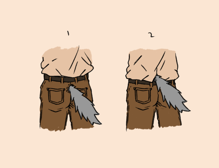 ambiguous_gender ambiguous_species anthro belt bottomwear butt canid canine clothed clothing comparison fur furgonomic_bottomwear furgonomics grey_body grey_fur mammal nealtiger pants shirt simple_background solo topwear