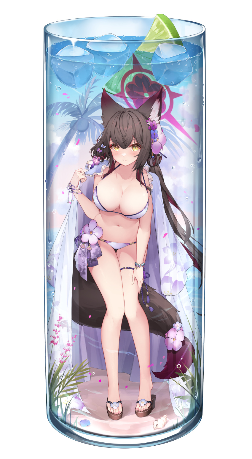 1girl absurdres animal_ear_fluff animal_ears bare_arms bare_legs bare_shoulders bikini black_hair blue_archive blush breasts cleavage closed_mouth eyeshadow fox_ears fox_tail full_body hair_between_eyes halo highres large_breasts long_hair makeup official_alternate_costume purple_bikini red_eyeshadow red_halo sandals simple_background smile solo swimsuit tail toes wakamo_(blue_archive) wakamo_(swimsuit)_(blue_archive) white_background yellow_eyes yeosi