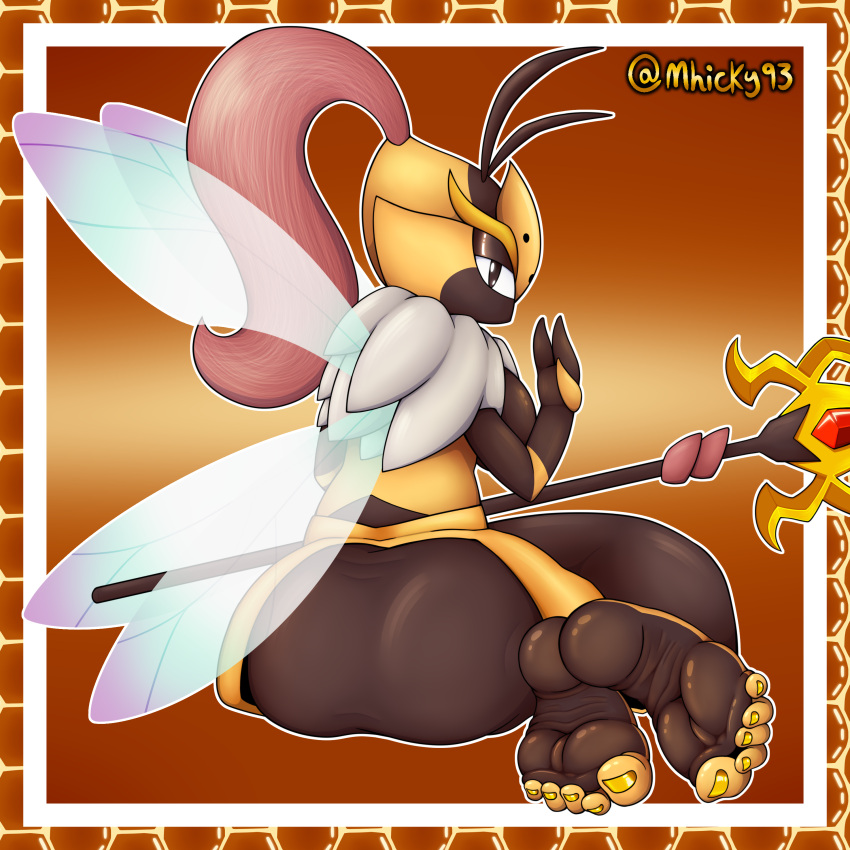 3_fingers absurd_res antennae_(anatomy) anthro bedroom_eyes big_butt butt butt_focus colored_nails curling_toes elizabee feet female fingers food foot_fetish foot_focus gem hair hi_res honey_(food) honeycomb insect_wings melee_weapon mhicky93 nails narrowed_eyes neck_tuft pal_(species) palworld pocketpair polearm ponytail ruby_(gem) seductive sitting soles solo spear toes tuft weapon wings wrinkled_feet wrinkles yellow_body