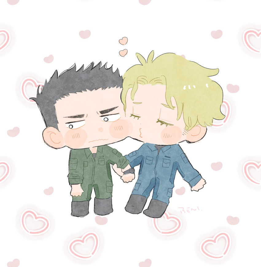 2boys ao_isami benishogaa black_hair blonde_hair blue_jumpsuit blush cheek-to-cheek chibi closed_eyes full_body green_jumpsuit heads_together heart highres holding_another's_arm imminent_kiss jumpsuit lewis_smith looking_to_the_side male_focus multiple_boys short_hair shy sideburns thick_eyebrows white_background yaoi yuuki_bakuhatsu_bang_bravern